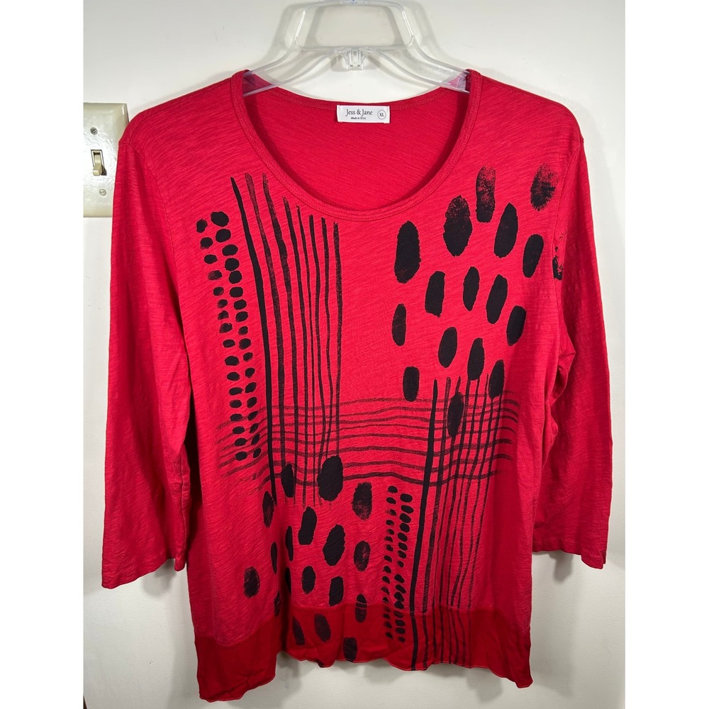 Jess & Jane Tunic Top Women XL Red Black Abstract Bebop Lagenlook Artsy Dopamine